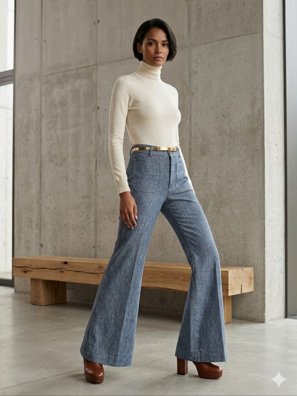 Nili Lotan Cream Turtleneck with Blue Denim Flare Pants